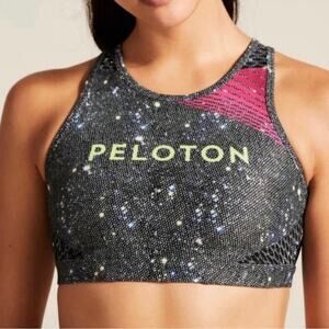 new Peloton Sports Bra size S NWT Glittery-sparkle pattern with olive-green base